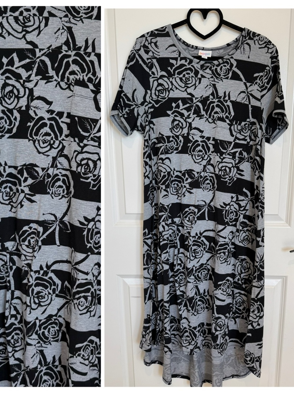 LuLaRoe Carly- Women’s Black and Gray Floral Striped Knit Dress